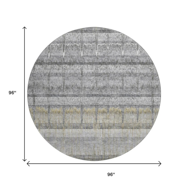 HomeRoots 8' Gray Ivory and Gold Striped Round Rug - Washable, UV-Protected, Perfect for High-Traffic Areas! 652860