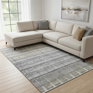 HomeRoots 8' X 10' Stylish Gray Ivory Gold Striped Washable Area Rug with UV Protection for Any Home 652861