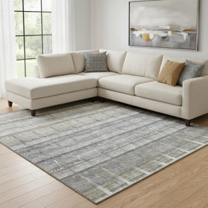 HomeRoots 9' X 12' Striped Gray, Ivory & Gold Washable Area Rug with UV Protection for Stylish Living Spaces 652862