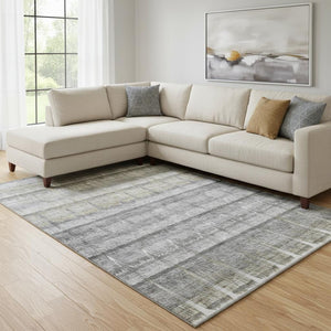 HomeRoots 10' X 14' Gray Ivory Gold Striped Washable Area Rug - Durable, UV-Protected, Perfect for Homes with Kids! 652863