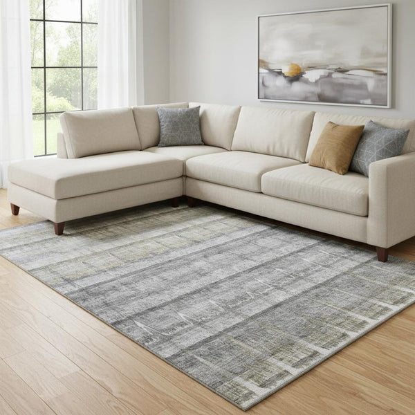 HomeRoots 10' X 14' Gray Ivory Gold Striped Washable Area Rug - Durable, UV-Protected, Perfect for Homes with Kids! 652863