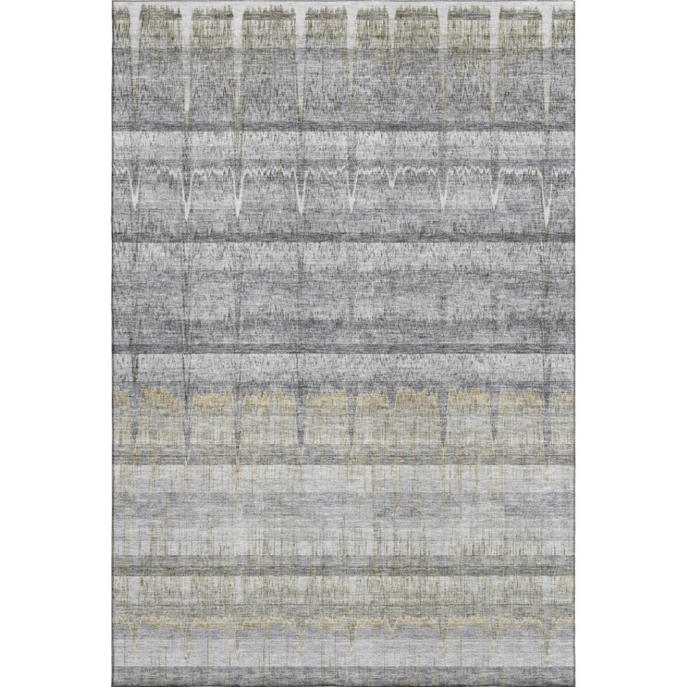 HomeRoots 10' X 14' Gray Ivory Gold Striped Washable Area Rug - Durable, UV-Protected, Perfect for Homes with Kids! 652863