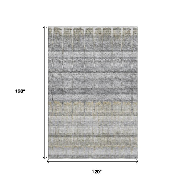 HomeRoots 10' X 14' Gray Ivory Gold Striped Washable Area Rug - Durable, UV-Protected, Perfect for Homes with Kids! 652863