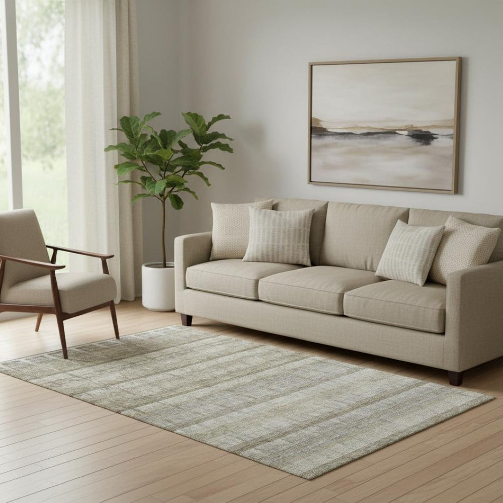 HomeRoots 5' X 8' Washable Taupe Gray & Beige Striped Area Rug with UV Protection for Easy Care & Durability 652865