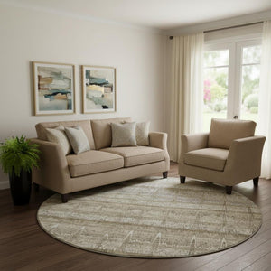 HomeRoots 8' Taupe Gray and Beige Striped Washable Round Rug with UV Protection for Stylish, Durable Living Spaces 652866