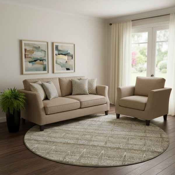 HomeRoots 8' Taupe Gray and Beige Striped Washable Round Rug with UV Protection for Stylish, Durable Living Spaces 652866