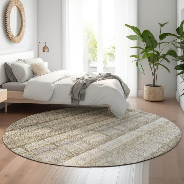 HomeRoots 8' Taupe Gray and Beige Striped Washable Round Rug with UV Protection for Stylish, Durable Living Spaces 652866