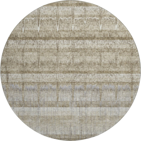 HomeRoots 8' Taupe Gray and Beige Striped Washable Round Rug with UV Protection for Stylish, Durable Living Spaces 652866