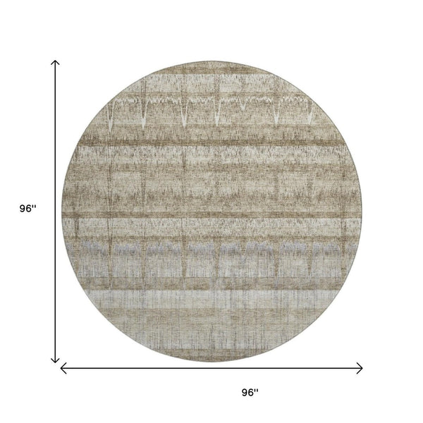 HomeRoots 8' Taupe Gray and Beige Striped Washable Round Rug with UV Protection for Stylish, Durable Living Spaces 652866