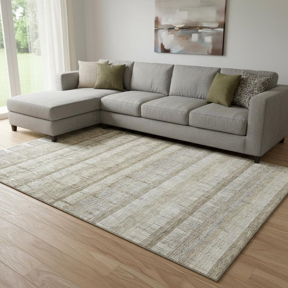 HomeRoots 9' X 12' Taupe Gray & Beige Striped Area Rug - Washable, UV Resistant, Easy Care for All Spaces 652868