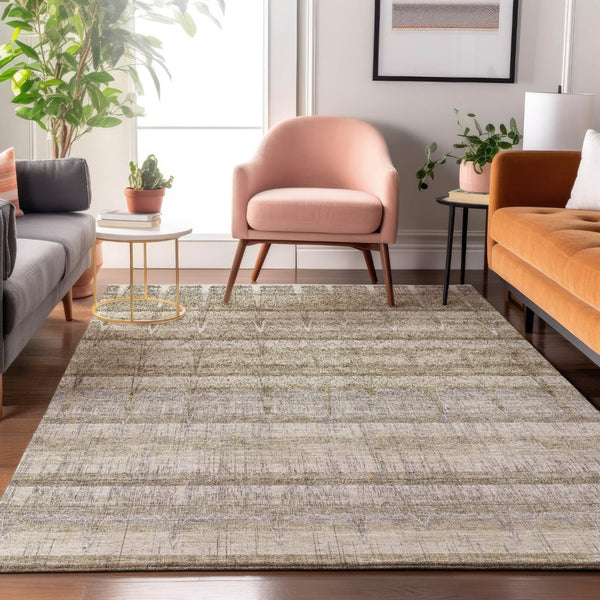 HomeRoots 10' X 14' Stylish Taupe Gray & Beige Striped Washable Area Rug with UV Protection for Active Homes 652869
