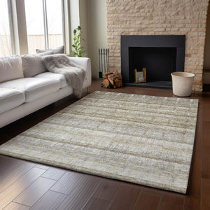 HomeRoots 10' X 14' Stylish Taupe Gray & Beige Striped Washable Area Rug with UV Protection for Active Homes 652869