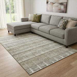 HomeRoots 10' X 14' Stylish Taupe Gray & Beige Striped Washable Area Rug with UV Protection for Active Homes 652869