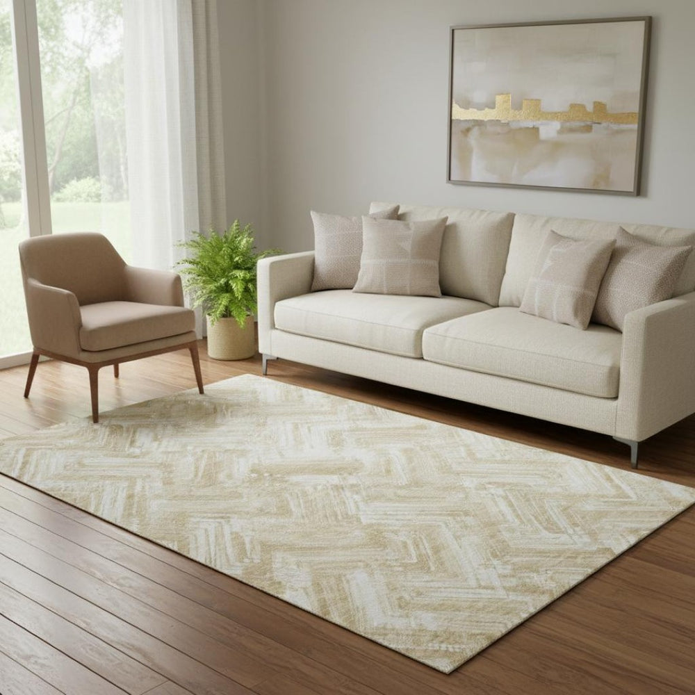 HomeRoots 5' X 8' Beige and Ivory Chevron Area Rug - Washable, UV Protected, Stain Resistant for Busy Homes 652871