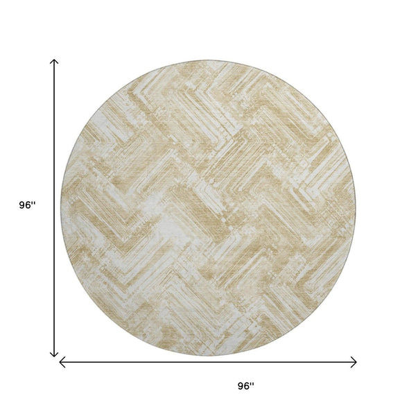 HomeRoots 8' Beige And Ivory Chevron Washable Round Rug - Durable, UV-Protected, Easy-Care for High-Traffic Areas 652872