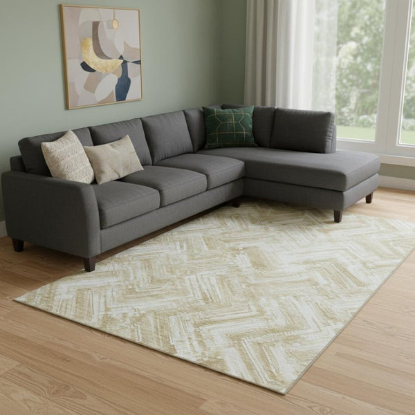 HomeRoots 8' X 10' Beige And Ivory Chevron Area Rug - Durable, Washable, UV-Protected for High-Traffic Spaces 652873