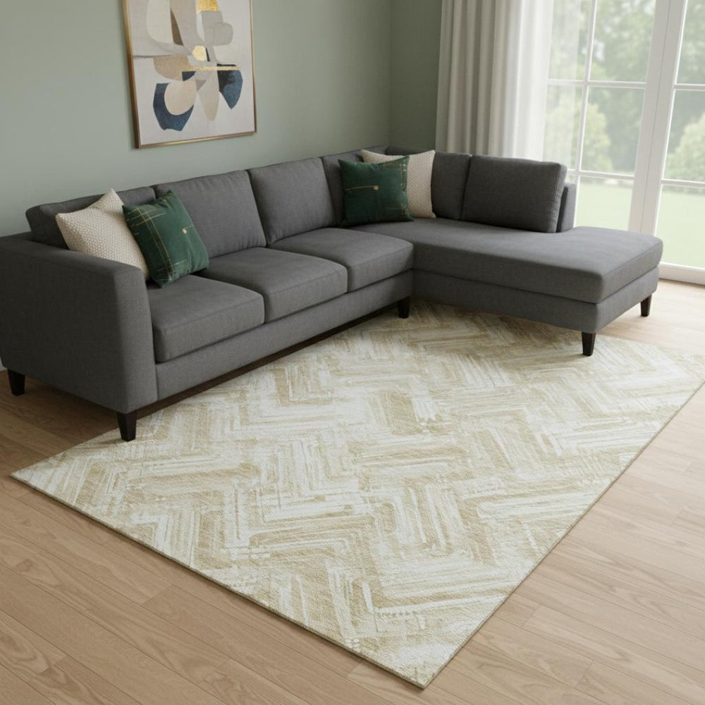 HomeRoots 9' X 12' Beige And Ivory Chevron Washable Area Rug - Soft, Stain-Resistant, UV Protected Design! 652874