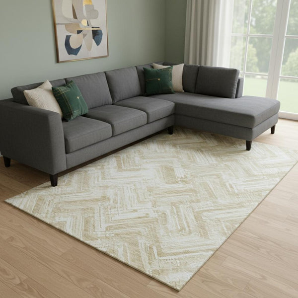 HomeRoots 9' X 12' Beige And Ivory Chevron Washable Area Rug - Soft, Stain-Resistant, UV Protected Design! 652874