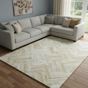 HomeRoots 10' Beige & Ivory Chevron Area Rug - Washable, UV Protected, Durable for Homes with Kids & Pets! 652875