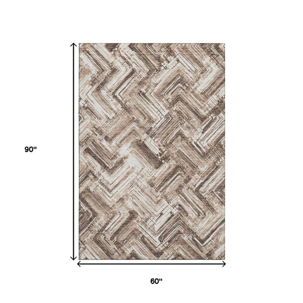 HomeRoots 5' X 8' Brown And Ivory Chevron Area Rug - Washable, Stain-Resistant, UV Protected for Everyday Living 652877