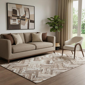 HomeRoots 5' X 8' Brown And Ivory Chevron Area Rug - Washable, Stain-Resistant, UV Protected for Everyday Living 652877