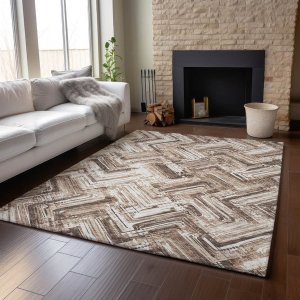 HomeRoots 5' X 8' Brown And Ivory Chevron Area Rug - Washable, Stain-Resistant, UV Protected for Everyday Living 652877
