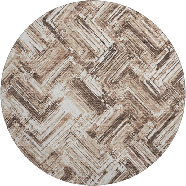 HomeRoots 8' Brown and Ivory Chevron Washable Round Rug - Stylish, Durable, UV-Protected for High-Traffic Areas 652878