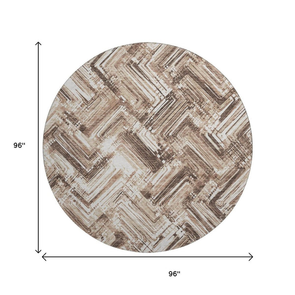 HomeRoots 8' Brown and Ivory Chevron Washable Round Rug - Stylish, Durable, UV-Protected for High-Traffic Areas 652878
