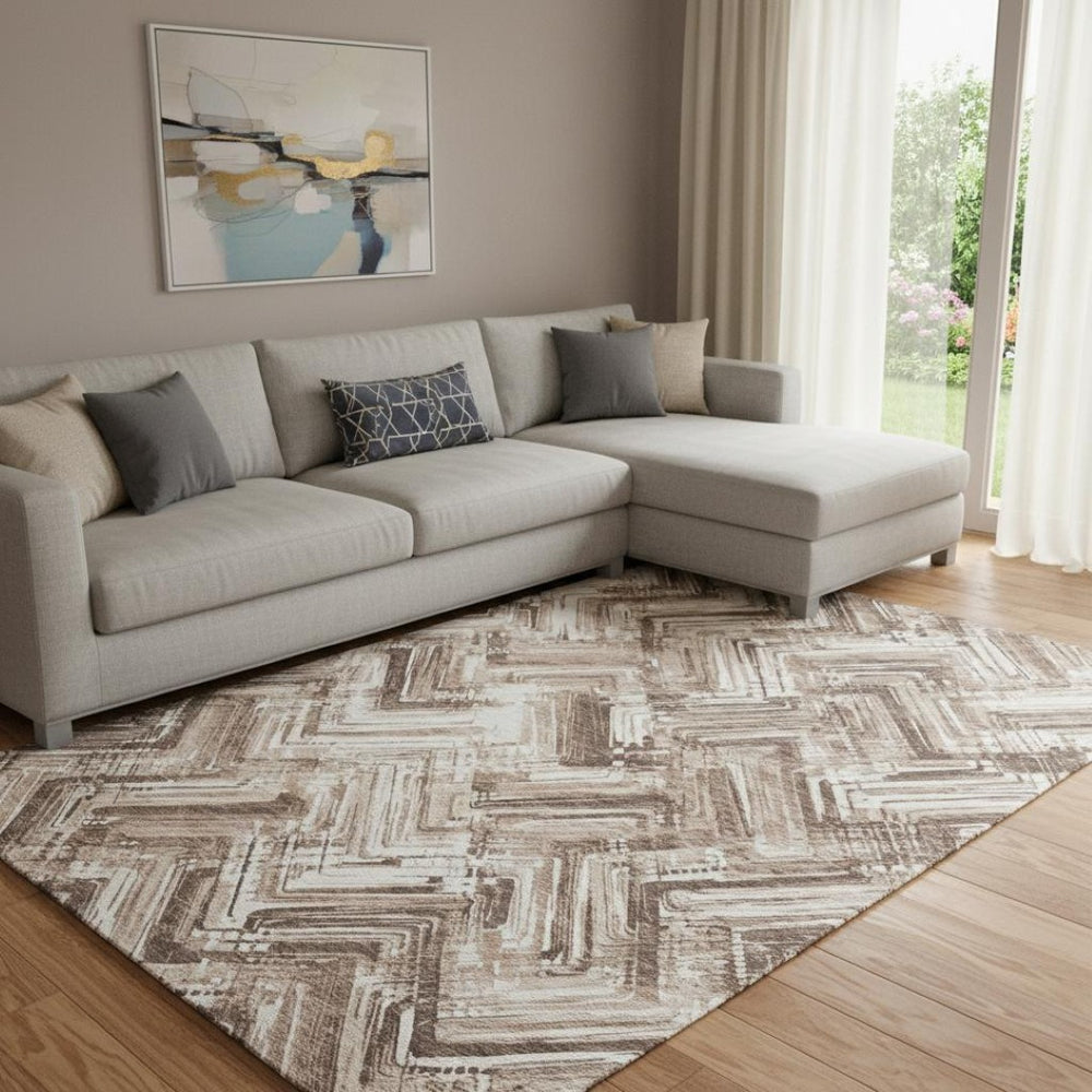 HomeRoots 8' X 10' Stylish Brown and Ivory Chevron Area Rug – Durable, Washable, UV-Protected for Modern Homes 652879