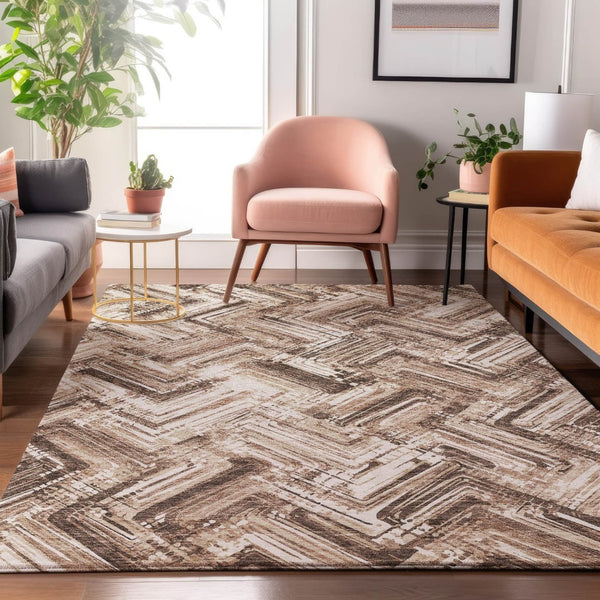 HomeRoots 8' X 10' Stylish Brown and Ivory Chevron Area Rug – Durable, Washable, UV-Protected for Modern Homes 652879