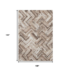 HomeRoots 9' X 12' Brown And Ivory Chevron Area Rug – Washable, UV-Protected, Stain-Resistant for High Traffic Areas 652880