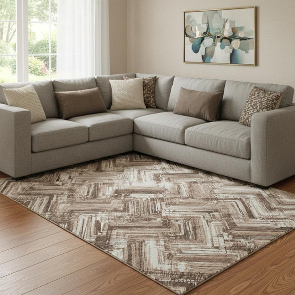 HomeRoots 9' X 12' Brown And Ivory Chevron Area Rug – Washable, UV-Protected, Stain-Resistant for High Traffic Areas 652880