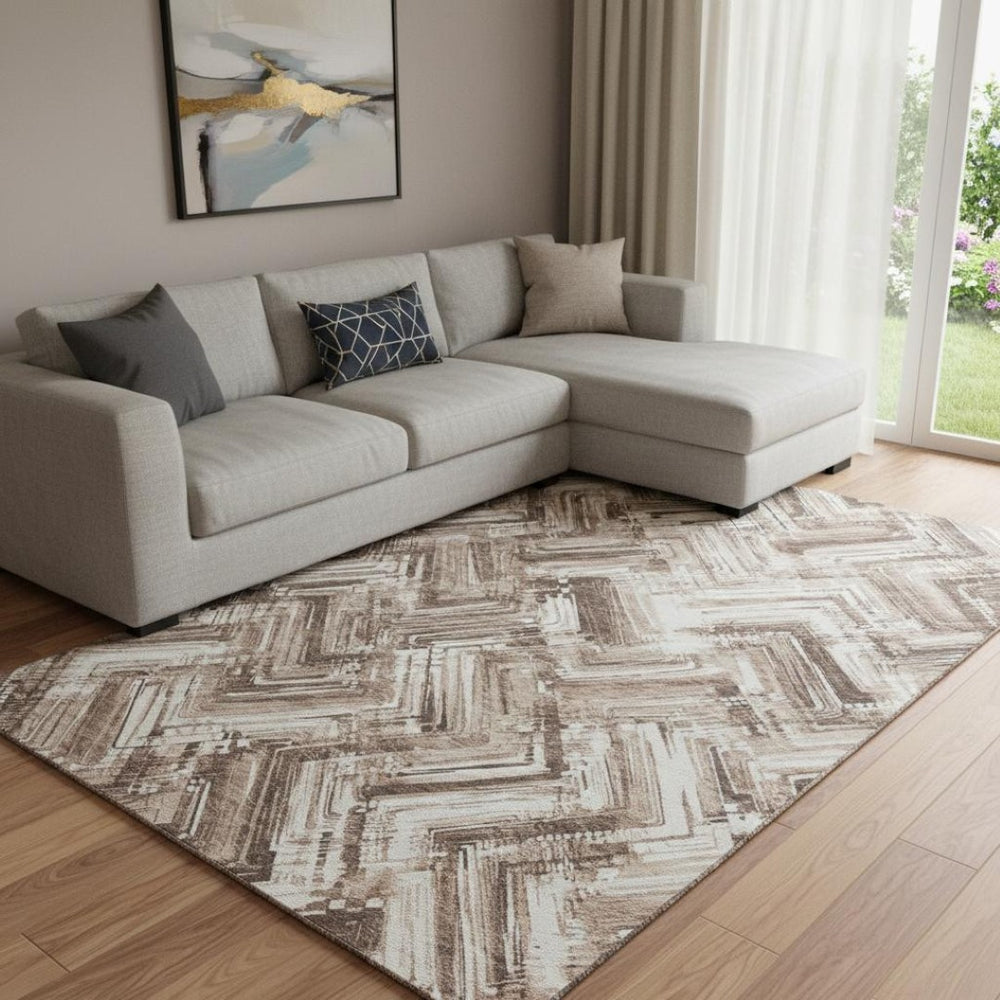 HomeRoots 10' X 14' Brown and Ivory Chevron Washable Area Rug - Stylish, Durable, UV-Protected for Any Space 652881