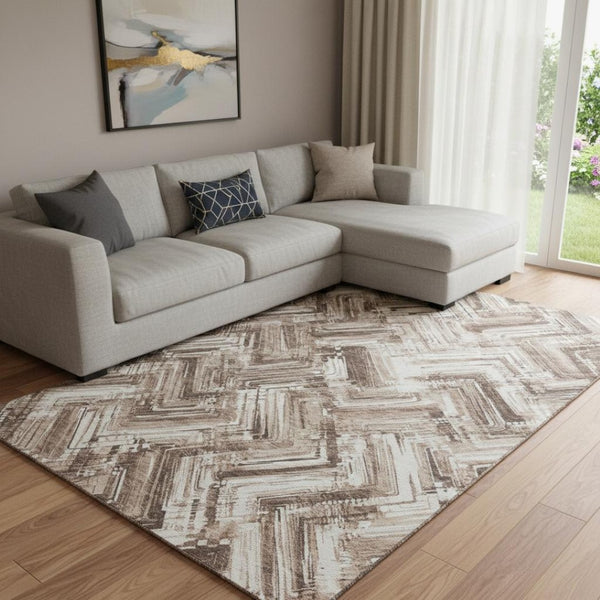 HomeRoots 10' X 14' Brown and Ivory Chevron Washable Area Rug - Stylish, Durable, UV-Protected for Any Space 652881