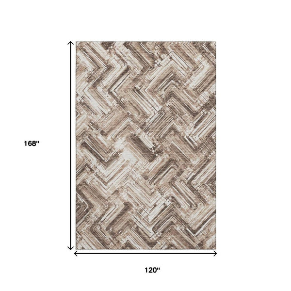 HomeRoots 10' X 14' Brown and Ivory Chevron Washable Area Rug - Stylish, Durable, UV-Protected for Any Space 652881