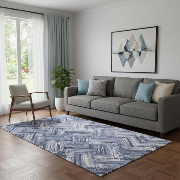 HomeRoots 5' X 8' Chevron Area Rug in Blue & Ivory - Washable, UV-Protected, Durable for High-Traffic Homes 652883