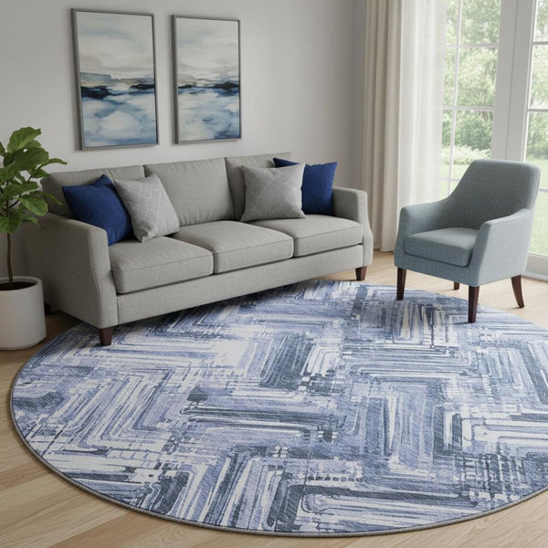 HomeRoots 8' Blue And Ivory Chevron Round Rug - Stylish, Washable, UV-Protected for High-Traffic Areas! 652884