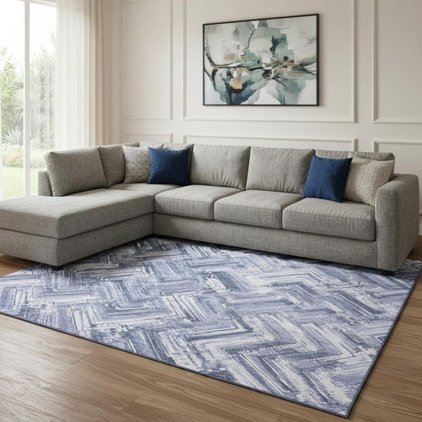 HomeRoots 8' X 10' Stylish Blue & Ivory Chevron Area Rug - Washable, UV-Protected, Ideal for High-Traffic Homes 652885
