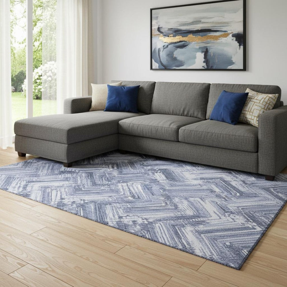 HomeRoots 9' X 12' Blue And Ivory Chevron Area Rug - Durable, Washable, UV-Protected Design for Modern Spaces 652886