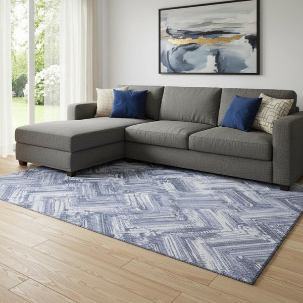 HomeRoots 9' X 12' Blue And Ivory Chevron Area Rug - Durable, Washable, UV-Protected Design for Modern Spaces 652886