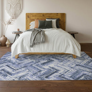 HomeRoots 10' Blue and Ivory Chevron Area Rug – Washable, UV Protected, Stain Resistant for High-Traffic Spaces 652887