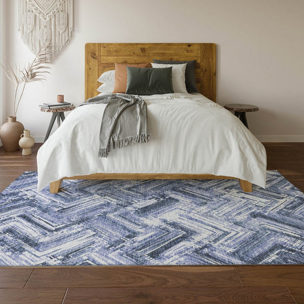 HomeRoots 10' Blue and Ivory Chevron Area Rug – Washable, UV Protected, Stain Resistant for High-Traffic Spaces 652887