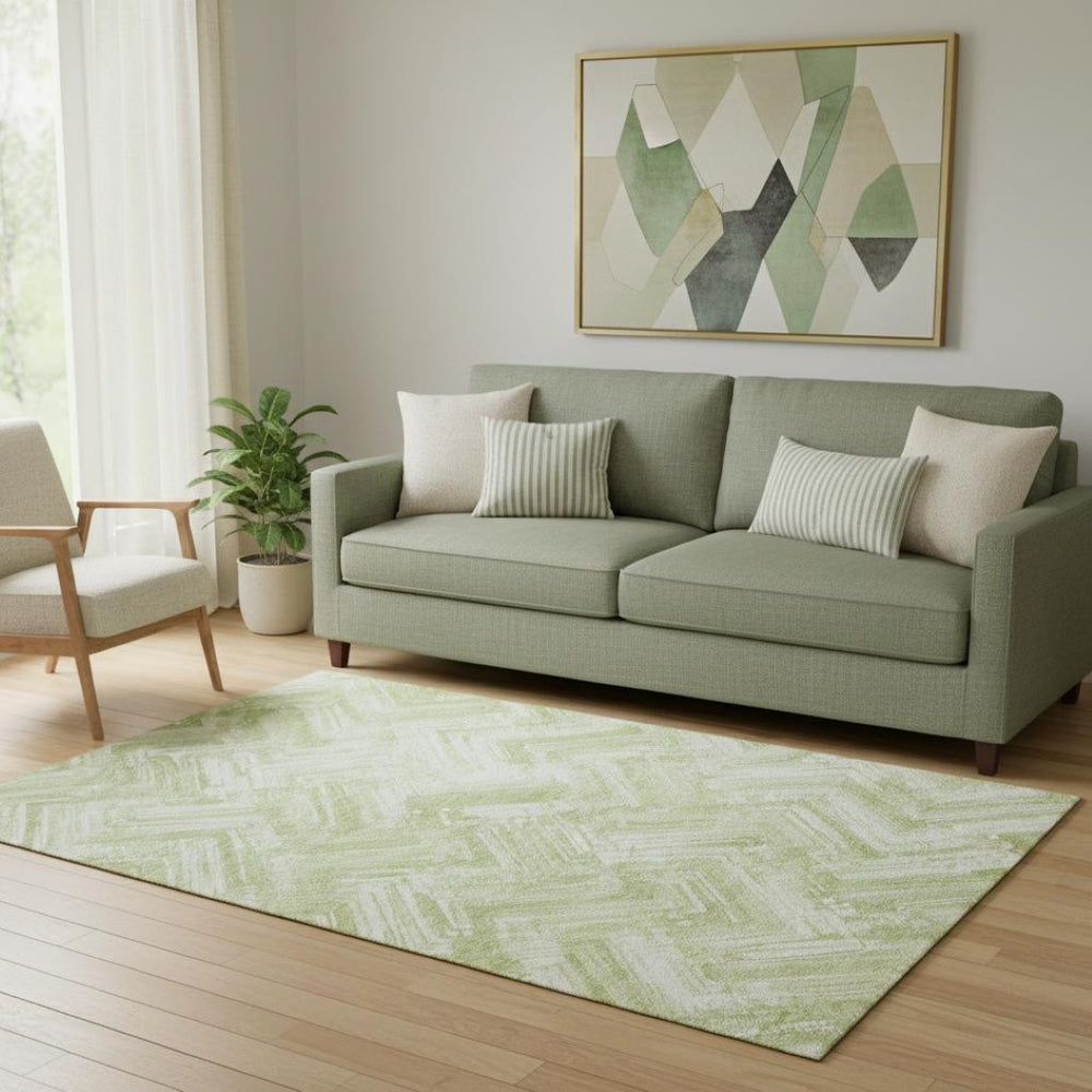 HomeRoots 5' X 8' Green and Ivory Chevron Area Rug – Stylish, Washable, UV Protected for High-Traffic Spaces 652889