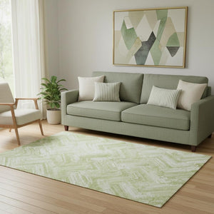HomeRoots 5' X 8' Green and Ivory Chevron Area Rug – Stylish, Washable, UV Protected for High-Traffic Spaces 652889