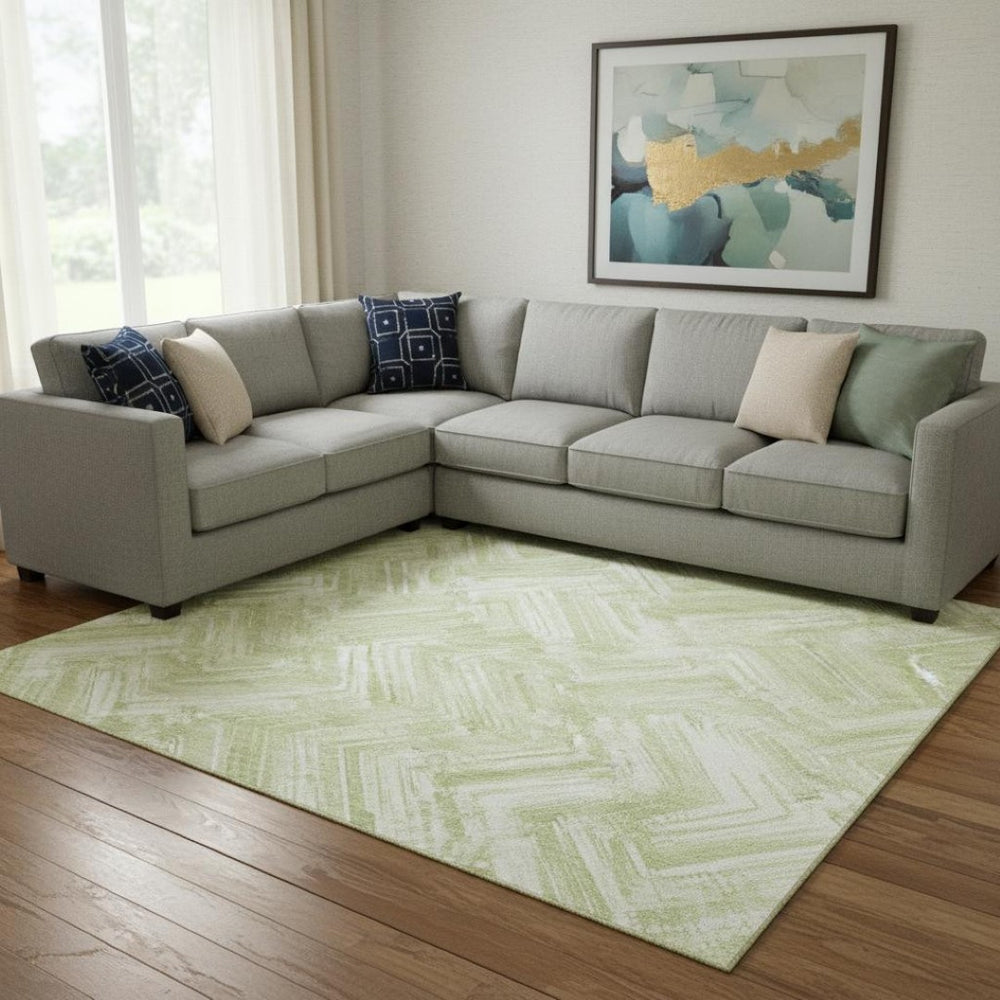 HomeRoots 8' X 10' Modern Green & Ivory Chevron Washable Area Rug with UV Protection for Busy Homes & Kids 652891