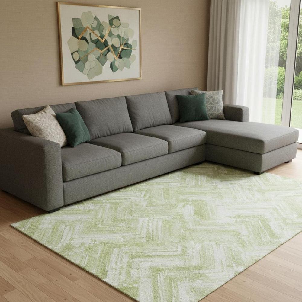 HomeRoots 9' X 12' Green And Ivory Chevron Area Rug – Stylish, Washable, Durable, UV-Protected for Any Space! 652892