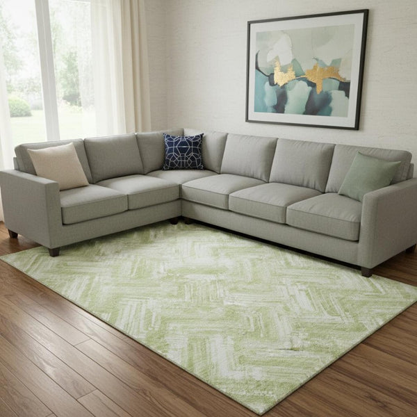 HomeRoots 10' Green And Ivory Chevron Washable Area Rug - UV Protected, Durable, Soft for Indoor & Outdoor Use 652893