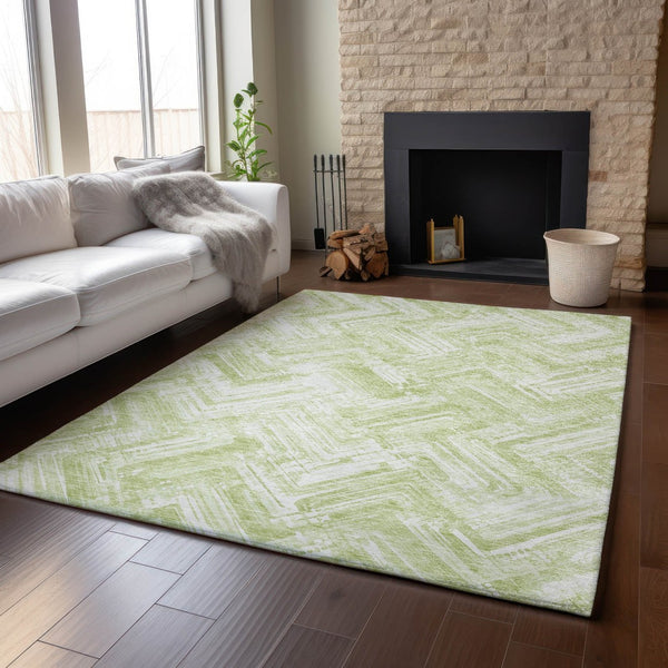HomeRoots 10' Green And Ivory Chevron Washable Area Rug - UV Protected, Durable, Soft for Indoor & Outdoor Use 652893