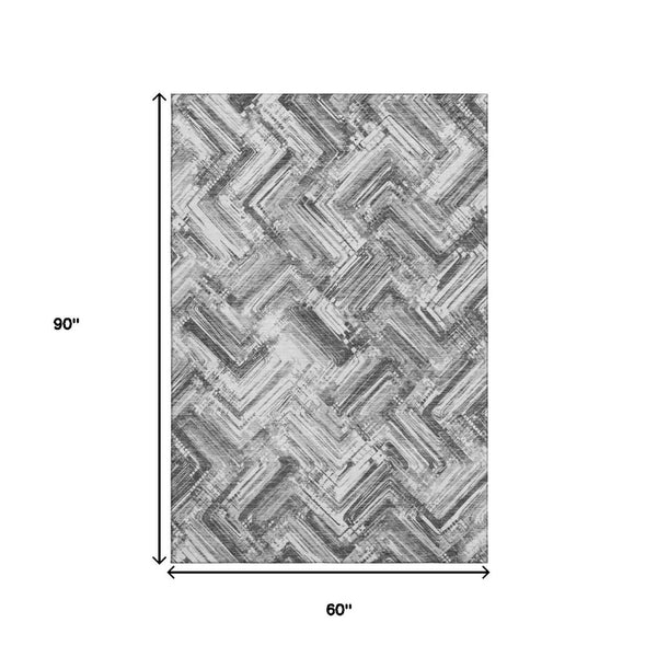 HomeRoots 5' X 8' Gray And Ivory Chevron Area Rug – Durable, Washable, UV-Protected, Perfect for Busy Homes! 652895