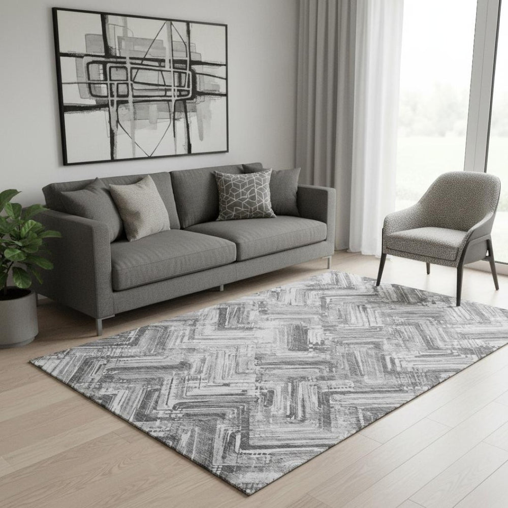 HomeRoots 5' X 8' Gray And Ivory Chevron Area Rug – Durable, Washable, UV-Protected, Perfect for Busy Homes! 652895